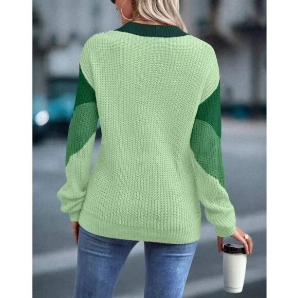 Shein Womens L Chevron Colorblock Knit Pullover Sweater Round Neck Drop Shoulder - Picture 2 of 5